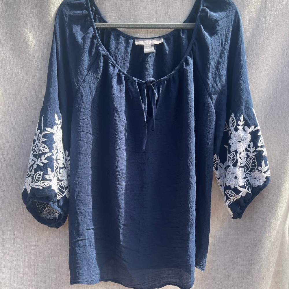 Navy Blue Floral Embroidered Women's Top